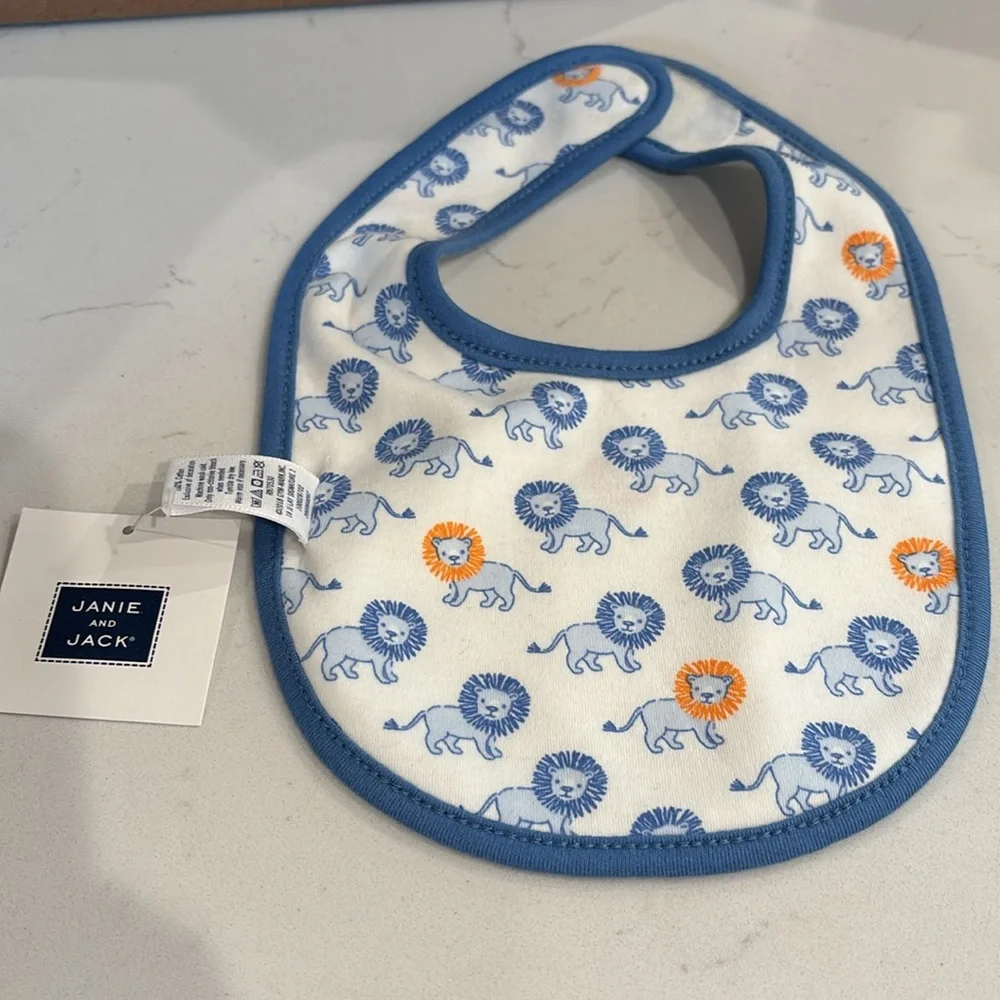 Janie &Jack White Baby Bib w/ Blue Embroidered Lion NWT